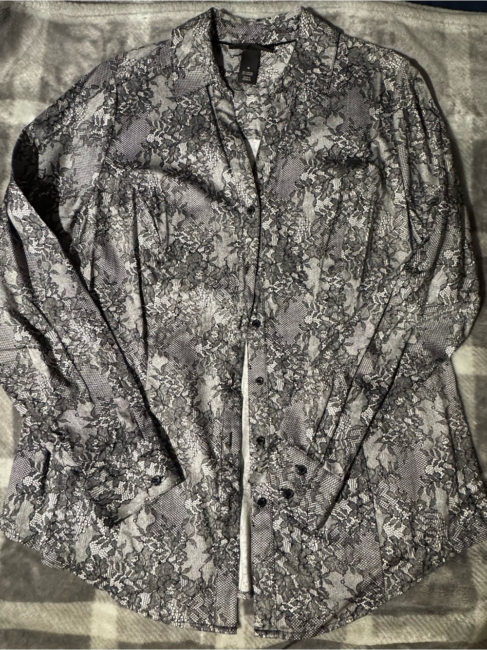 Lane Bryant Black and Gray Lace-Print Button Down Shirt